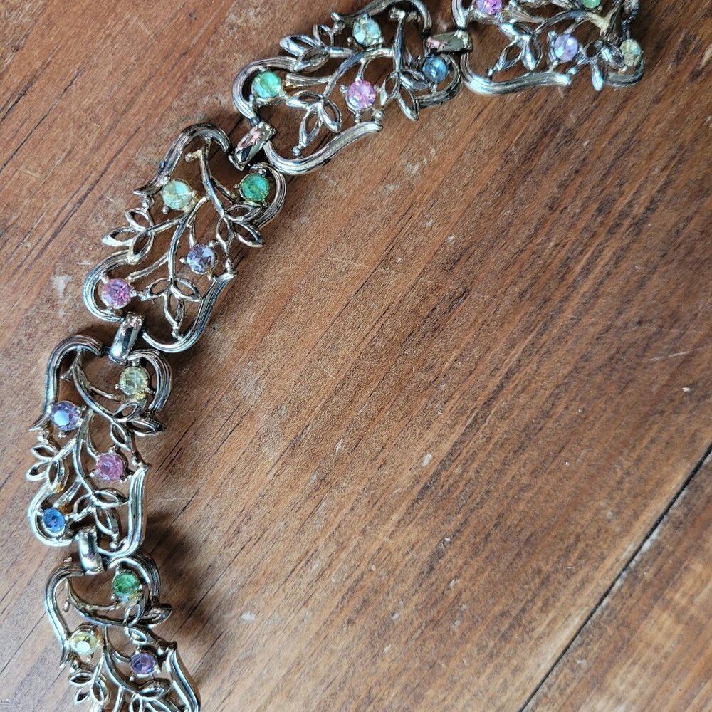 Signed Coro Semi Rigid Gold Toned Bracelet with Gemstones FREE SHIP